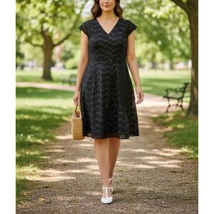 Talbots 100% Cotton Black & White Floral Eyelet Cap Sleeve Midi Dress
